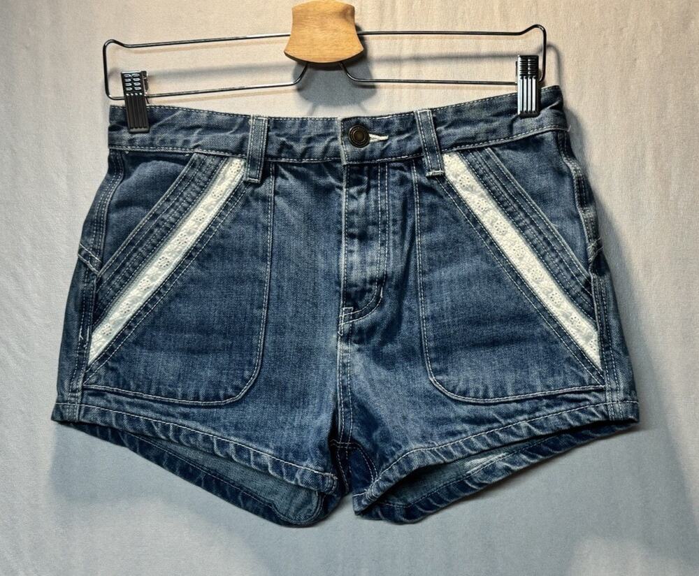 Free People Womens Boho Denim Shorts Micro Mini Lace Detail Indie Festival Sz 26